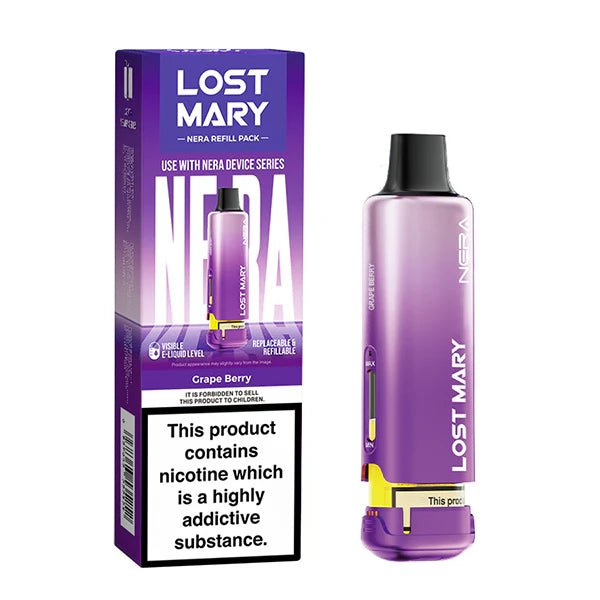 Lost Mary Nera 15K Refill Pods grape berry pod with packaging on a white background - uk vape sales