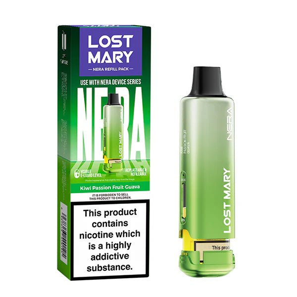 Lost Mary Nera 15K Refill Pods kiwi passion fruit guava pod with packaging on a white background - uk vape sales