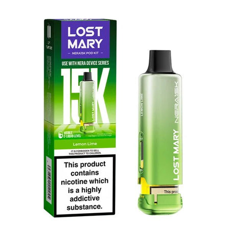Lost Mary Nera 15K Refill Pods lemon lime pod with packaging on a white background - uk vape sales