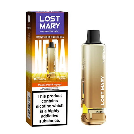 Lost Mary Nera 15K Refill Pods mango peach papaya pod with packaging on a white background - uk vape sales