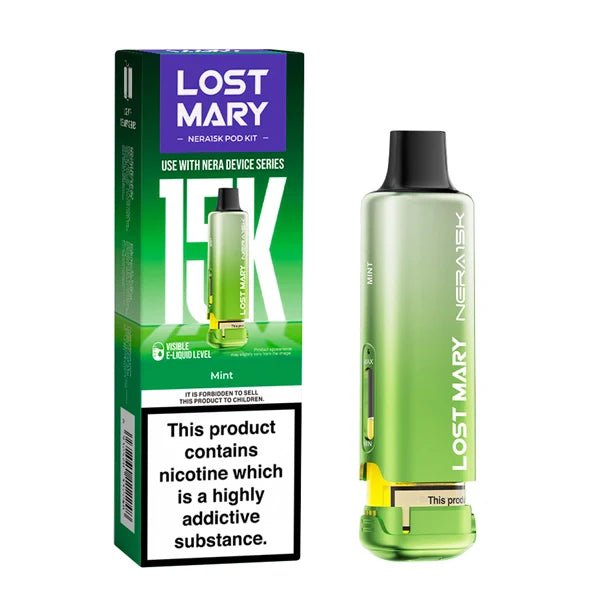 Lost Mary Nera 15K Refill Pods mint pod with packaging on a white background - uk vape sales
