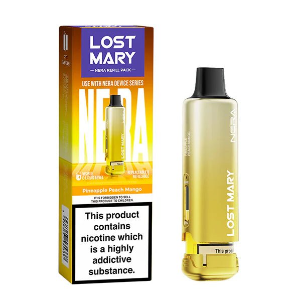 Lost Mary Nera 15K Refill Pods pineapple peach mango pod with packaging on a white background - uk vape sales