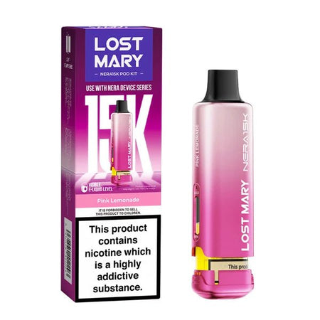 Lost Mary Nera 15K Refill Pods pink lemonade pod with packaging on a white background - uk vape sales