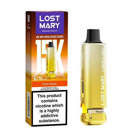 Lost Mary Nera 15K Refill Pods triple mango pod with packaging on a white background - uk vape sales