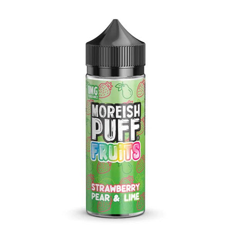 Moreish Puff Fruits E-Liquid strawberry pear & lime fruits 100ml e-liquid on a white background - uk vape sales