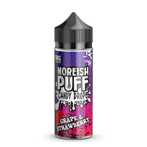 Moreish Puff Candy Drops E-Liquid grape & strawberry shortfill bottle and packaging on a white background - UK vape sales