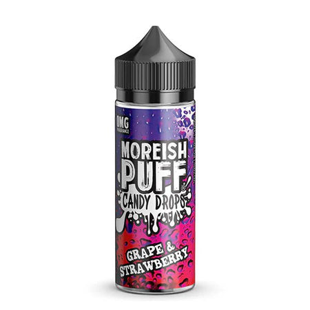 Moreish Puff Candy Drops E-Liquid grape & strawberry shortfill bottle and packaging on a white background - UK vape sales