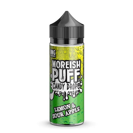 Moreish Puff Candy Drops E-Liquid lemon & sour apple shortfill bottle and packaging on a white background - UK vape sales