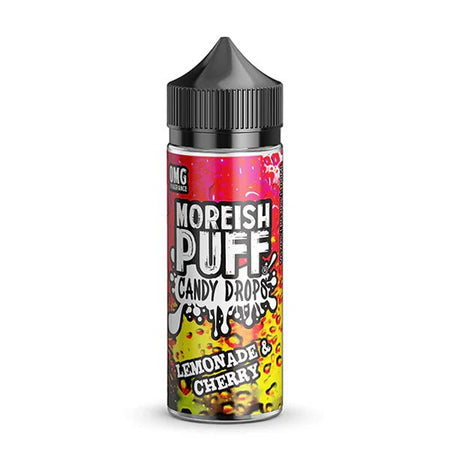 Moreish Puff Candy Drops E-Liquid lemonade & cherry shortfill bottle and packaging on a white background - UK vape sales