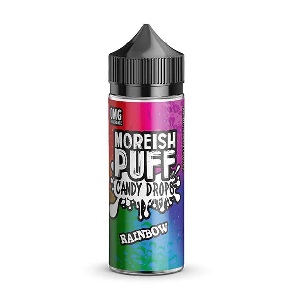 Moreish Puff Candy Drops E-Liquid rainbow shortfill bottle and packaging on a white background - UK vape sales