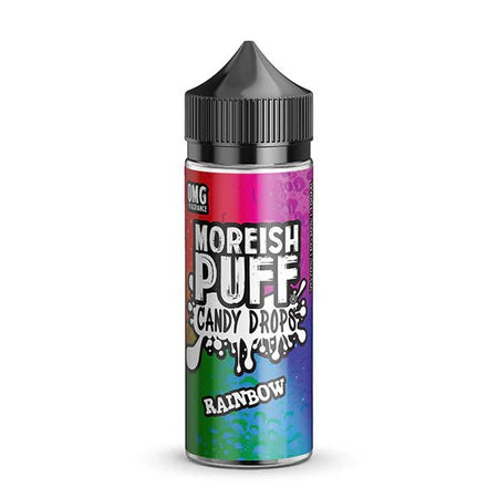 Moreish Puff Candy Drops E-Liquid rainbow shortfill bottle and packaging on a white background - UK vape sales