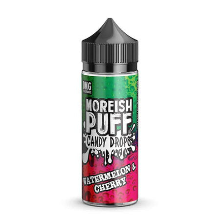 Moreish Puff Candy Drops E-Liquid watermelon & cherry shortfill bottle and packaging on a white background - UK vape sales