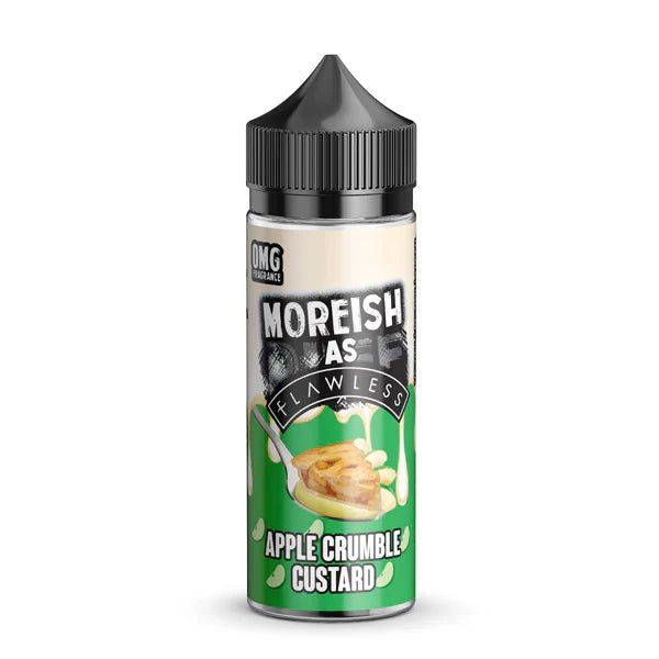Moreish as Flawless E-Liquid apple crumble custard 100ml e-liquid bottle on a white background - uk vape sales