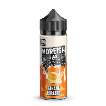Moreish as Flawless E-Liquid banana custard 100ml e-liquid bottle on a white background - uk vape sales