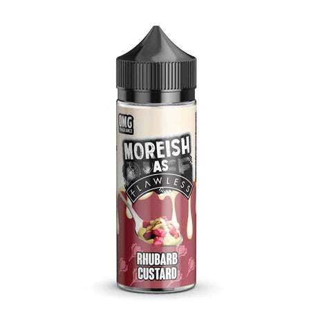 Moreish as Flawless E-Liquid rhubarb custard 100ml e-liquid bottle on a white background - uk vape sales