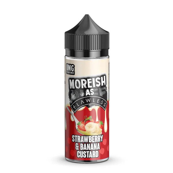 Moreish as Flawless E-Liquid strawberry & banana custard 100ml e-liquid bottle on a white background - uk vape sales