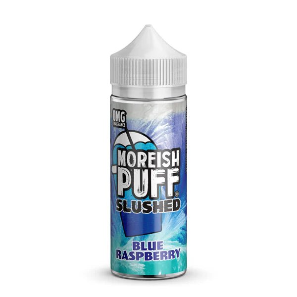 Moreish Puff Slushed E-Liquid blue raspberry 100ml e-liquid bottle on a white background - uk vape sales
