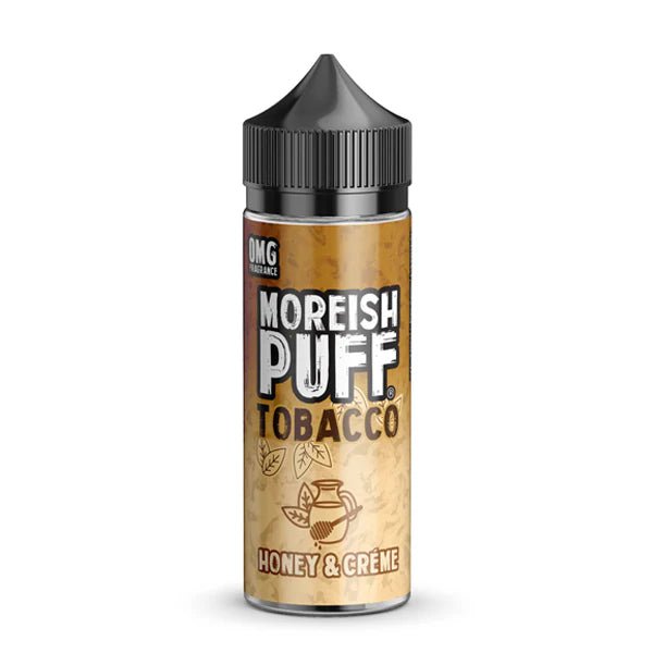 Moreish Puff Tobacco E-Liquid honey & creme 100ml e-liquid bottle on a white background - uk vape sales