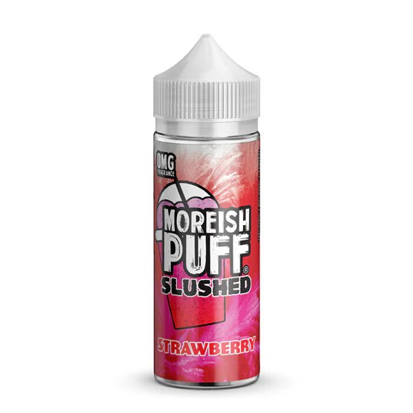Moreish Puff Slushed E-Liquid strawberry 100ml e-liquid bottle on a white background - uk vape sales