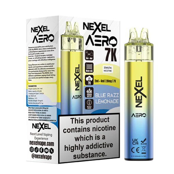 Nexel Aero 7K vape kit blue razz lemonade device and packaging on a white background - uk vape sales