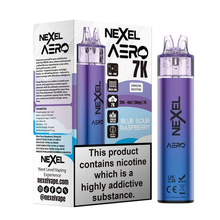 Nexel Aero 7K vape kit blue sour raspberry device and packaging on a white background - uk vape sales