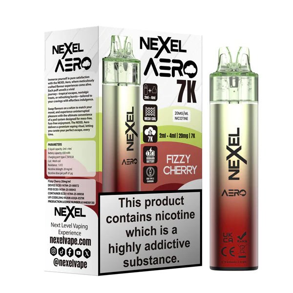Nexel Aero 7K vape kit fizzy cherry device and packaging on a white background - uk vape sales