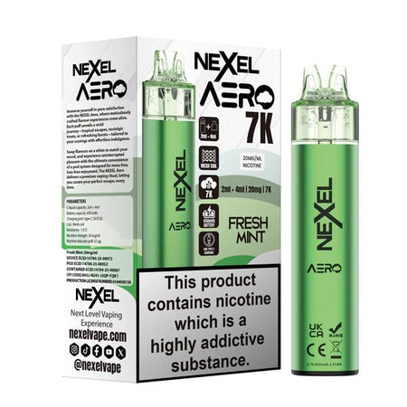 Nexel Aero 7K vape kit fresh mint device and packaging on a white background - uk vape sales