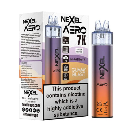 Nexel Aero 7K vape kit gummy blast device and packaging on a white background - uk vape sales