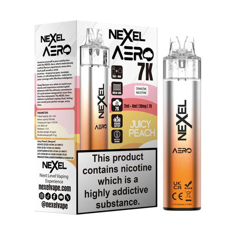 Nexel Aero 7K vape kit juicy peach device and packaging on a white background - uk vape sales