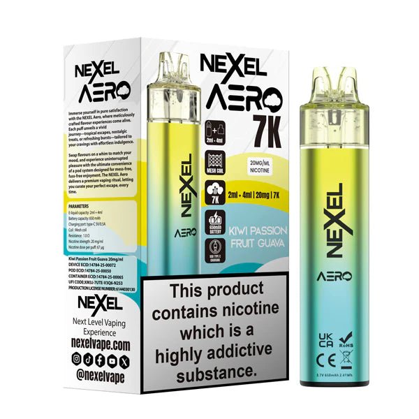 Nexel Aero 7K vape kit kiwi passion fruit guava device and packaging on a white background - uk vape sales