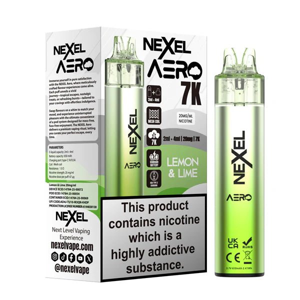 Nexel Aero 7K vape kit lemon & lime device and packaging on a white background - uk vape sales
