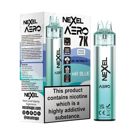 Nexel Aero 7K vape kit mr blue device and packaging on a white background - uk vape sales