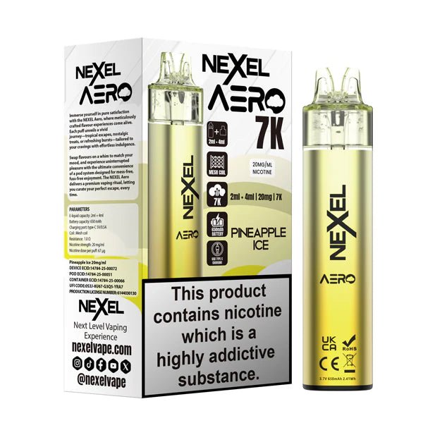 Nexel Aero 7K vape kit pineapple ice device and packaging on a white background - uk vape sales
