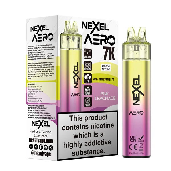 Nexel Aero 7K vape kit pink lemonade device and packaging on a white background - uk vape sales