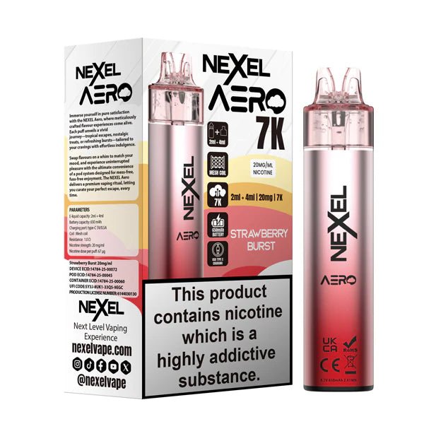 Nexel Aero 7K vape kit strawberry burst device and packaging on a white background - uk vape sales