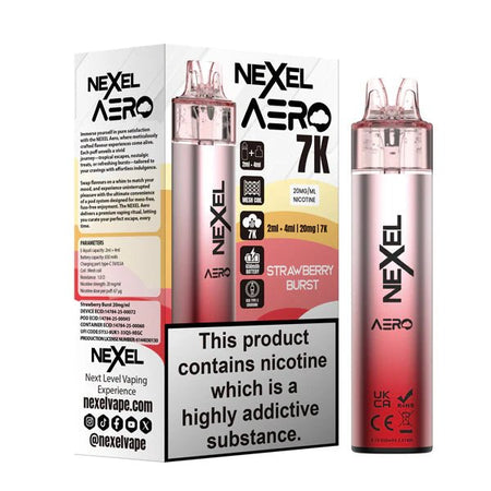 Nexel Aero 7K vape kit strawberry burst device and packaging on a white background - uk vape sales