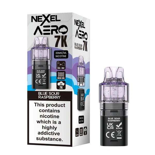 Nexel Aero 7K refill pods blue sour raspberry with packaging on a white background - uk vape sales