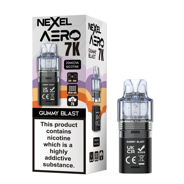 Nexel Aero 7K refill pods gummy blast with packaging on a white background - uk vape sales