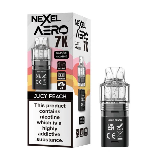 Nexel Aero 7K refill pods juicy peach with packaging on a white background - uk vape sales