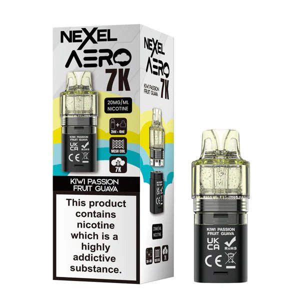 Nexel Aero 7K refill pods kiwi passion fruit guava with packaging on a white background - uk vape sales
