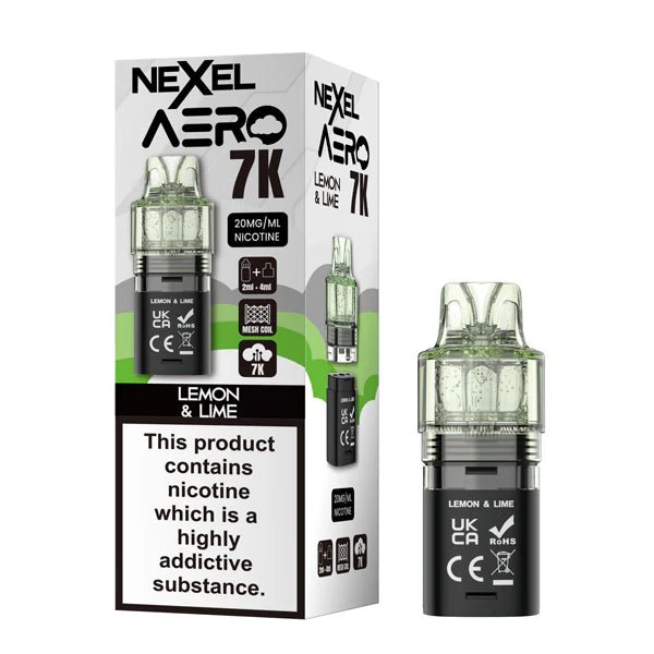 Nexel Aero 7K refill pods lemon & lime with packaging on a white background - uk vape sales