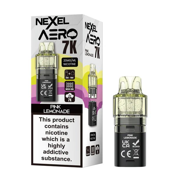Nexel Aero 7K refill pods pink lemonade with packaging on a white background - uk vape sales