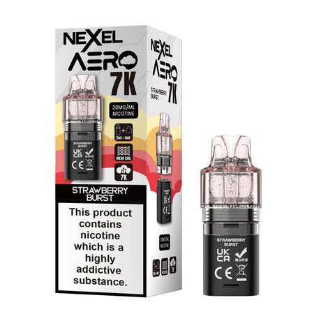Nexel Aero 7K refill pods strawberry burst with packaging on a white background - uk vape sales