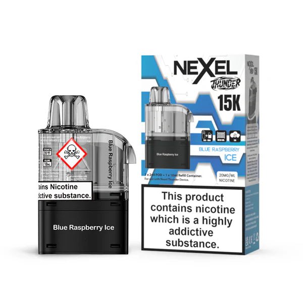 Nexel Thunder 15K Refill Pods blue raspberry ice with packaging on a white background - uk vape sales