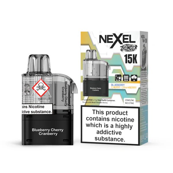 Nexel Thunder 15K Refill Pods blueberry cherry cranberry with packaging on a white background - uk vape sales