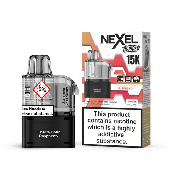 Nexel Thunder 15K Refill Pods cherry sour raspberry with packaging on a white background - uk vape sales