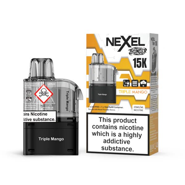 Nexel Thunder 15K Refill Pods triple mango with packaging on a white background - uk vape sales