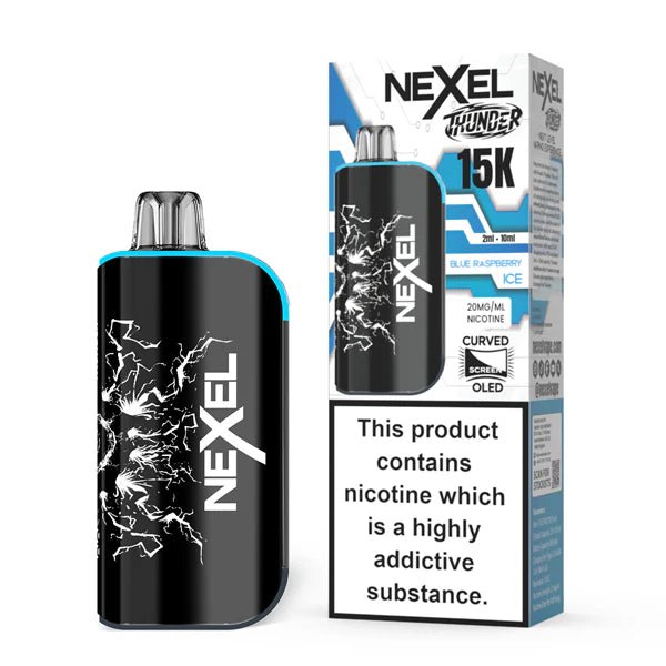 Nexel Thunder 15K vape kit blue raspberry ice device and packaging on a white background - uk vape sales