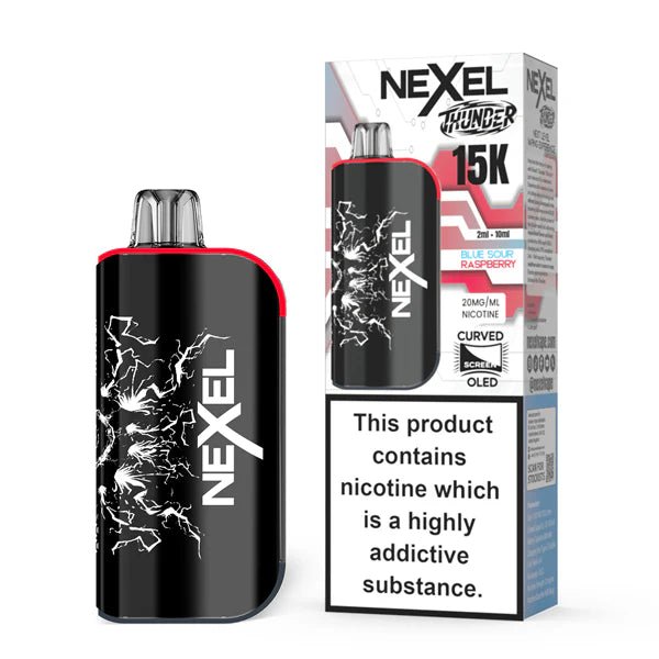 Nexel Thunder 15K vape kit blue sour raspberry device and packaging on a white background - uk vape sales