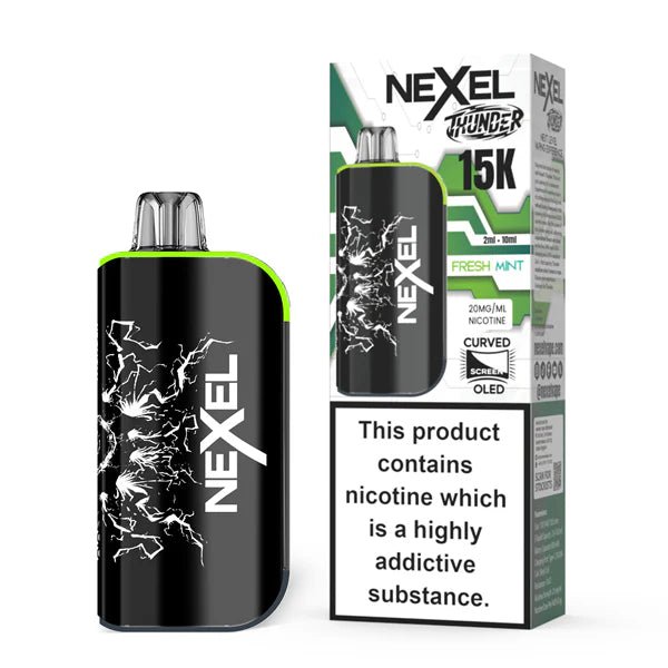 Nexel Thunder 15K vape kit fresh mint device and packaging on a white background - uk vape sales